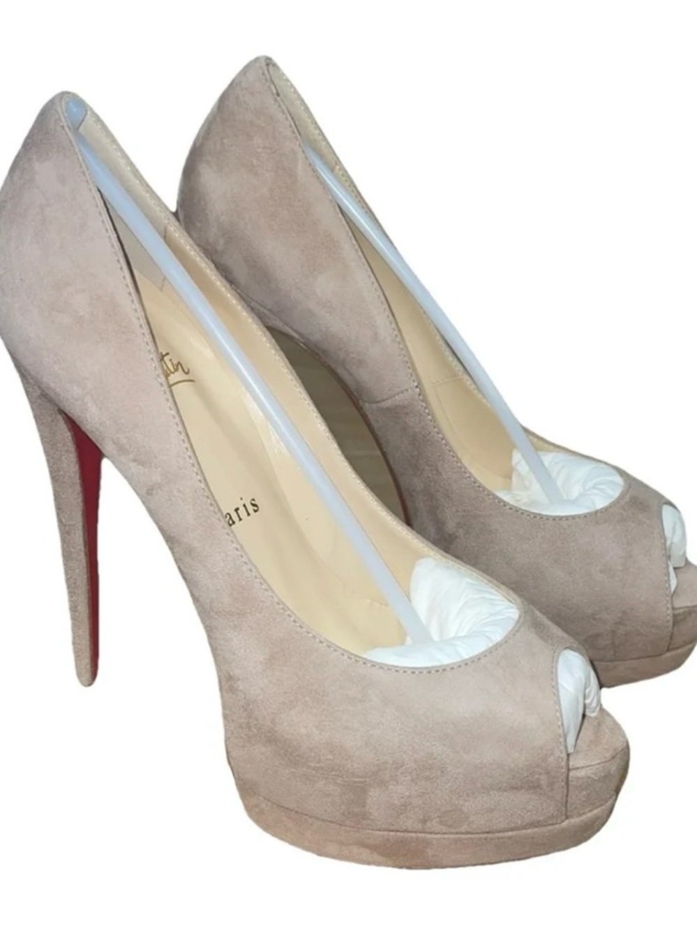 Christian Louboutin Beige Lady Peep heels with Signature Red Soles